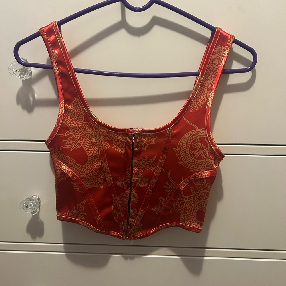 Motel Rocks Red and Gold Dragon Corset Crop Top Size S